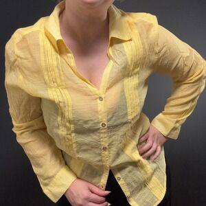 Chicos Butter Yellow Pintuck Roll Tab Sleeve Blouse Top Medium Lagenlook Artsy